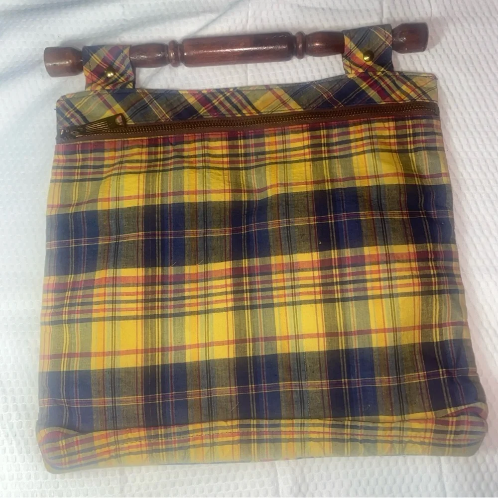Vintage Granny Core purse/tote Yellow and blue plaid With Wooden Handle - Picture 1 of 7